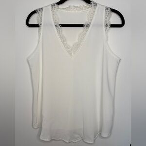 White Lace Trim Sleeveless Cami Blouse Flowy V Neck Layering Top Small